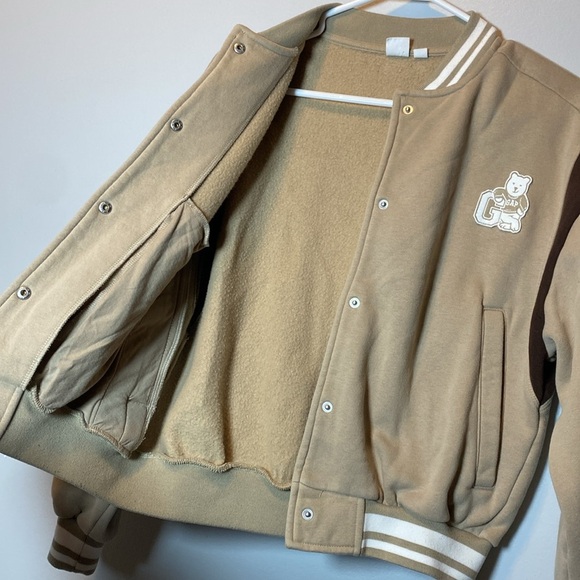 GAP Varsity Jacket Women’s XXS Tan Brown Bear Logo Snap Up Cozy Y2K Sweatshirt - Picture 6 of 13